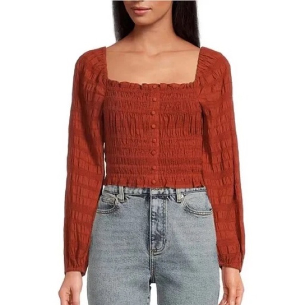 GIANNI BINI Smocked Peasant Top Long Sleeve Burnt Orange Rust Small Large‎ New